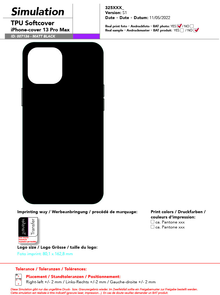 TPU Soft-Cover Silkscreen or Foto imprint on back only IPHONE 13 Pro Max TPU Soft-Cover Silkscreen or Foto imprint on back only IPHONE 13 Pro Max